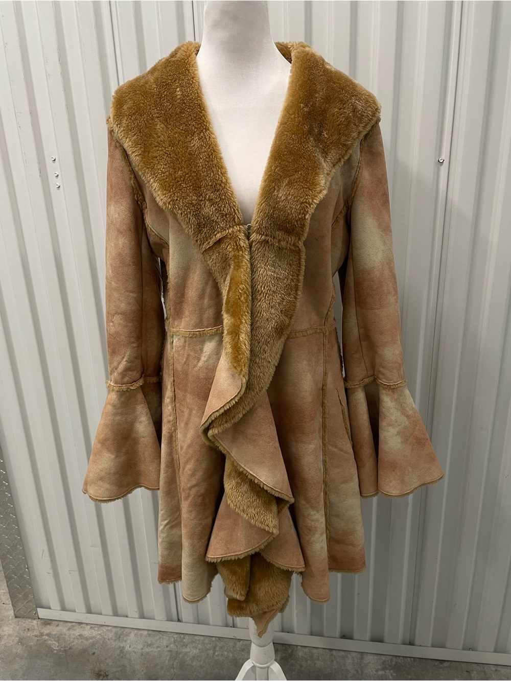 Newport News Camel Faux Suede Fur Lined Coat Flare Sleeve 8 Retro Penny Lane 70s